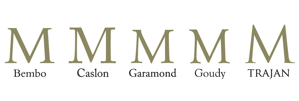 Various cases of the construction of the letter M: Bembo, Caslon, Garamond, Goudy, Trajan.